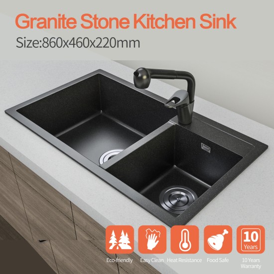 860x460x220mm Black Granite Stone Kitchen Laundry Sink Double Bowls Top/Undermount 860x460x220mm Black Granite Stone Kitchen Laundry Sink Double Bowls Top/Undermount